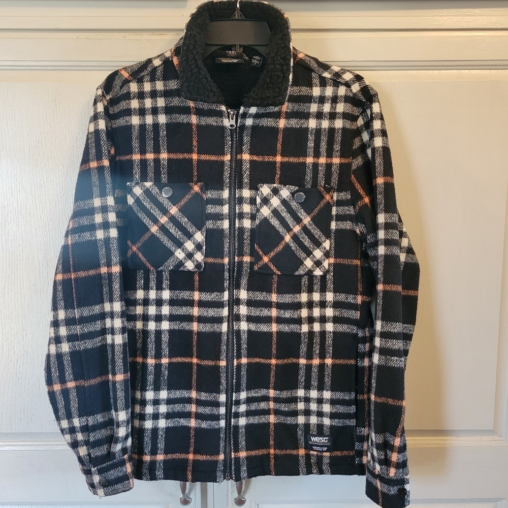 WeSC Black Orange White Plaid Zip Up Jacket